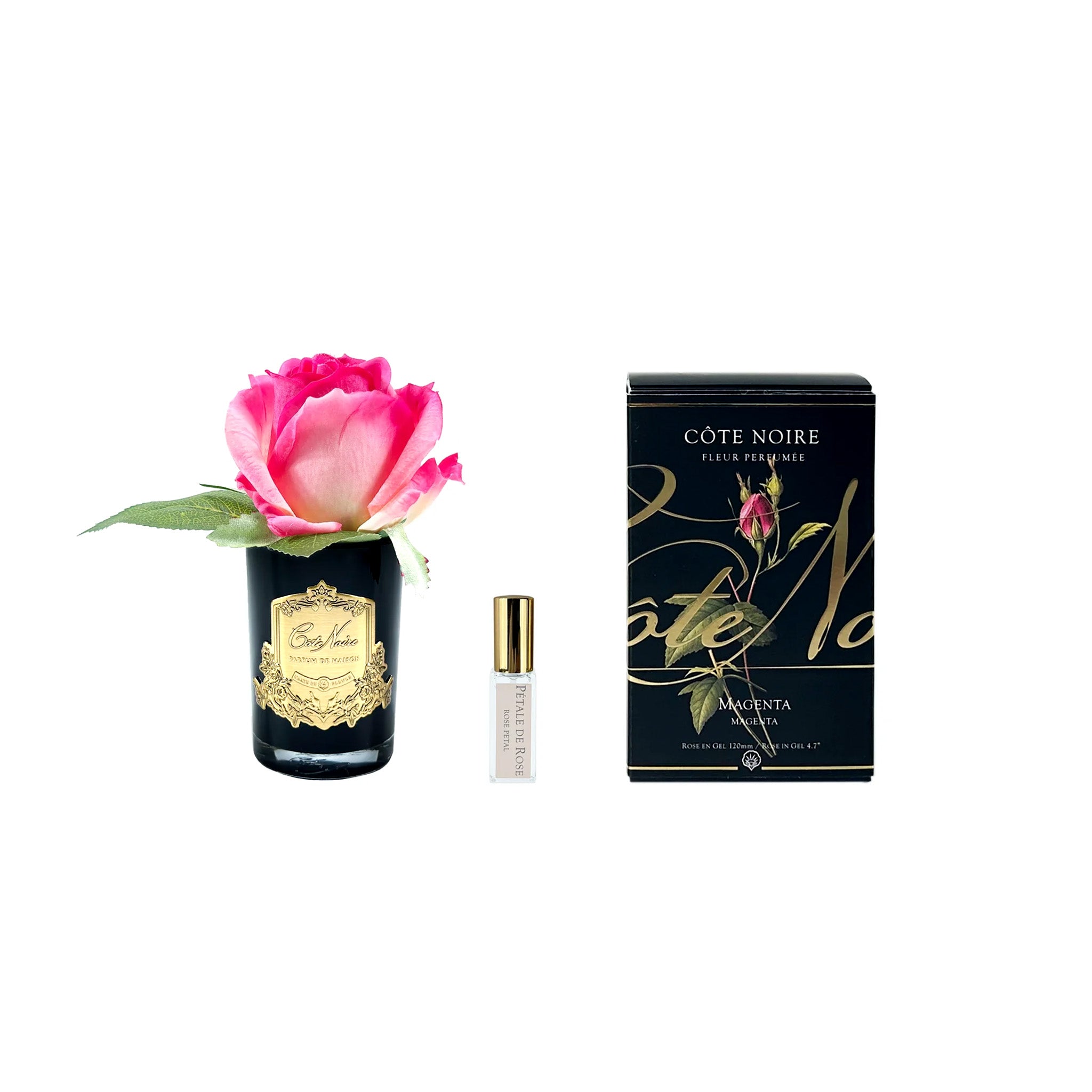 A magenta rosebud in a black vase with a gold emblem, near a delicate perfume vial and a box labeled 'CÔTE NOIRE, MAGENTA'