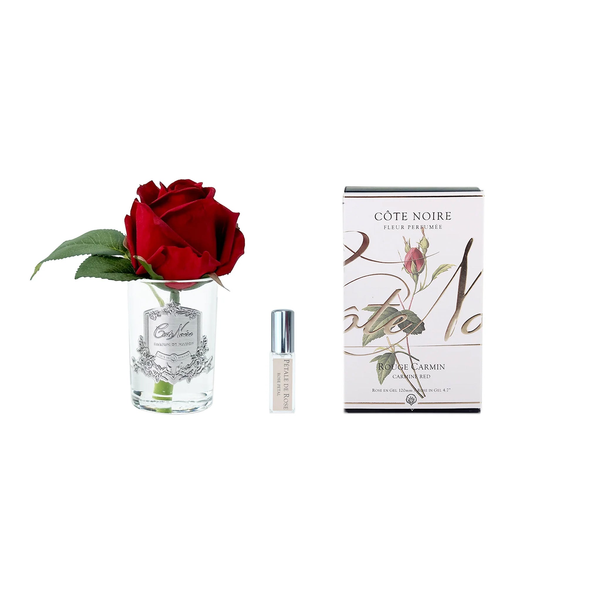 a red rose in a vase by cote noire next to a box of fragrance