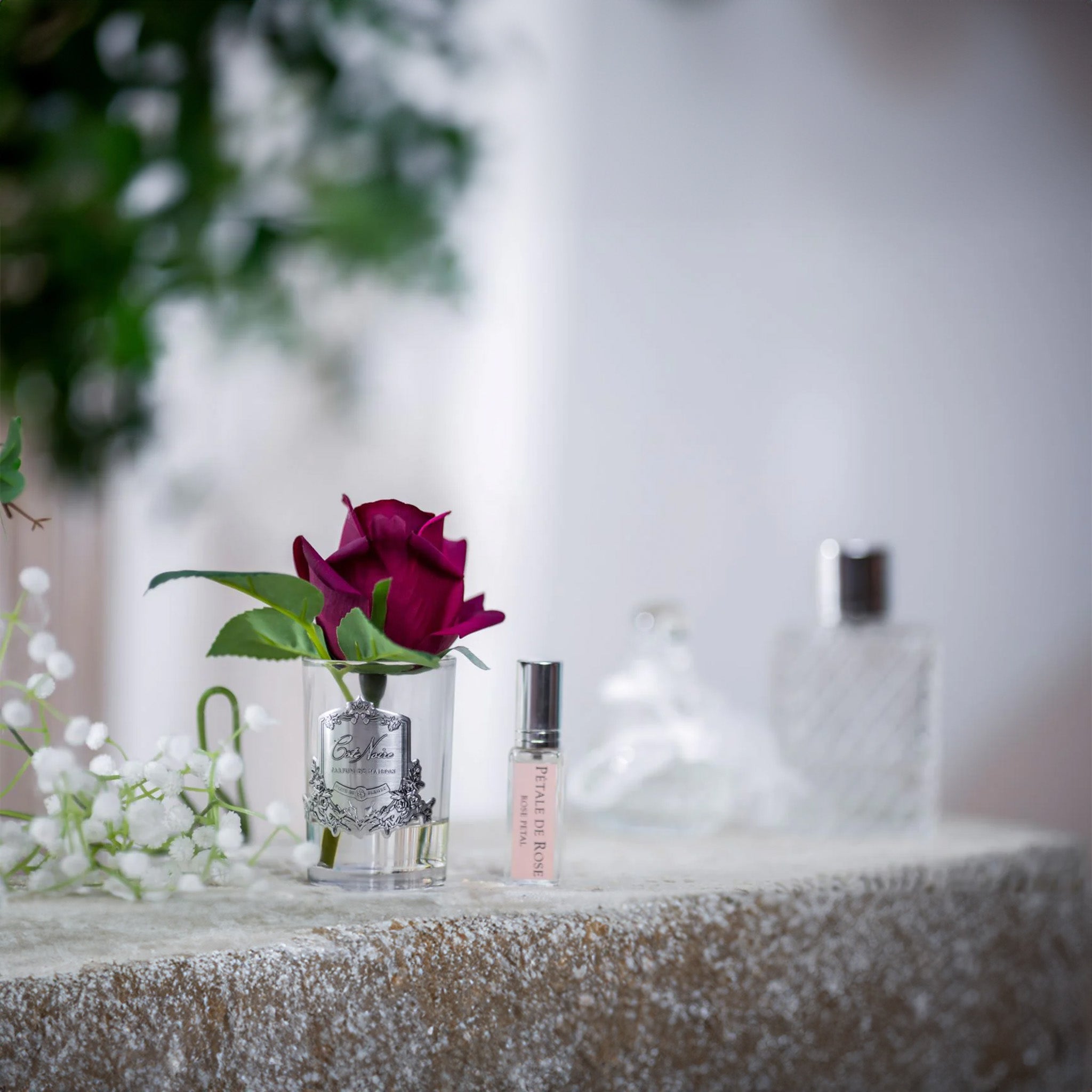 a red rose in a vase by cote noire next to a box of fragrance on a stone able