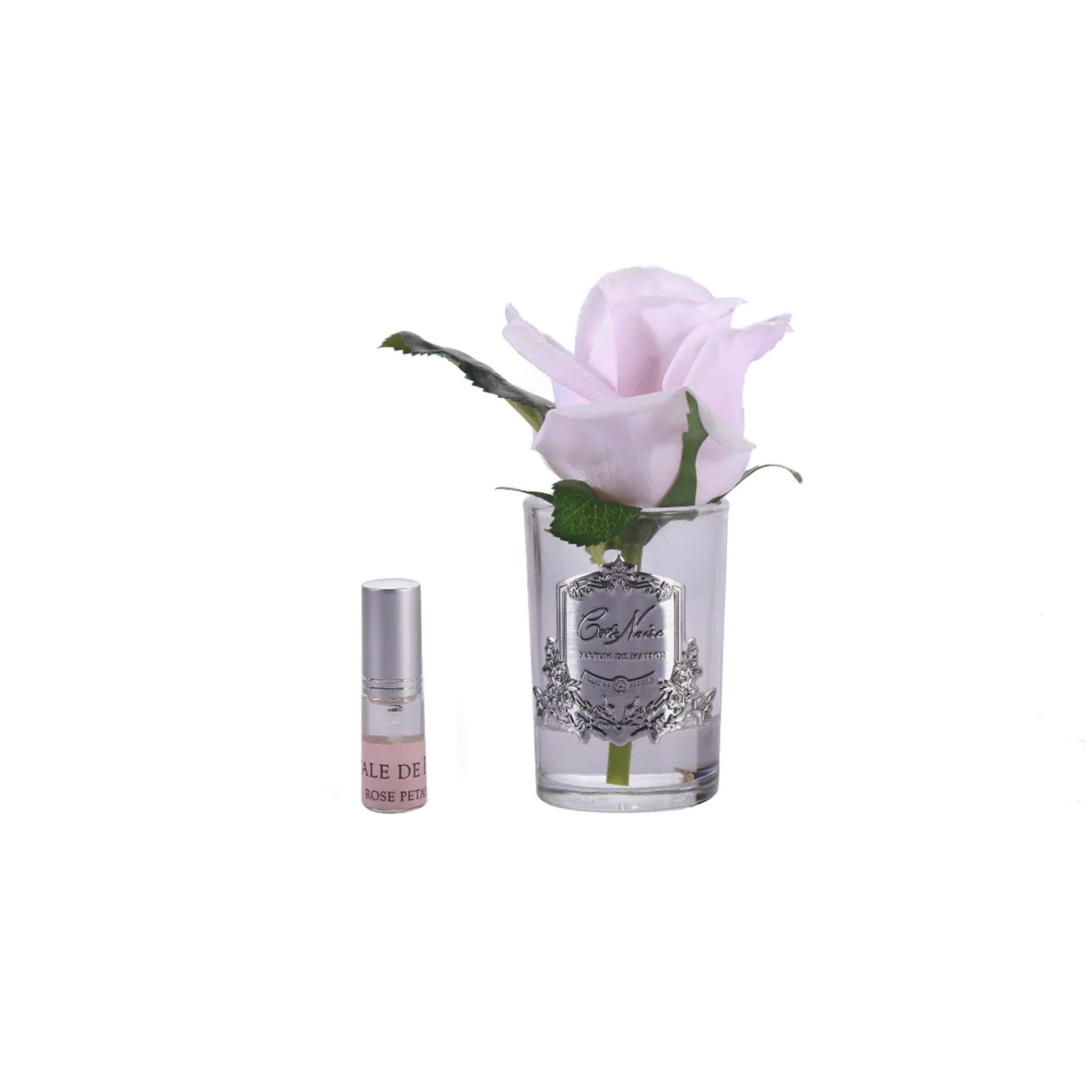 a french pink rose by cote noire in a glass vase with a fragrance bottle on a white background