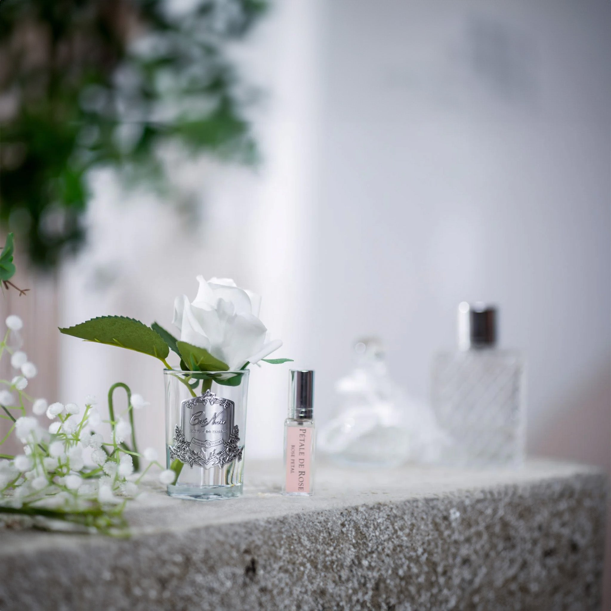 a bottle of fragrance next to an ivory white flower in a clear vase by cote noire on a stone table
