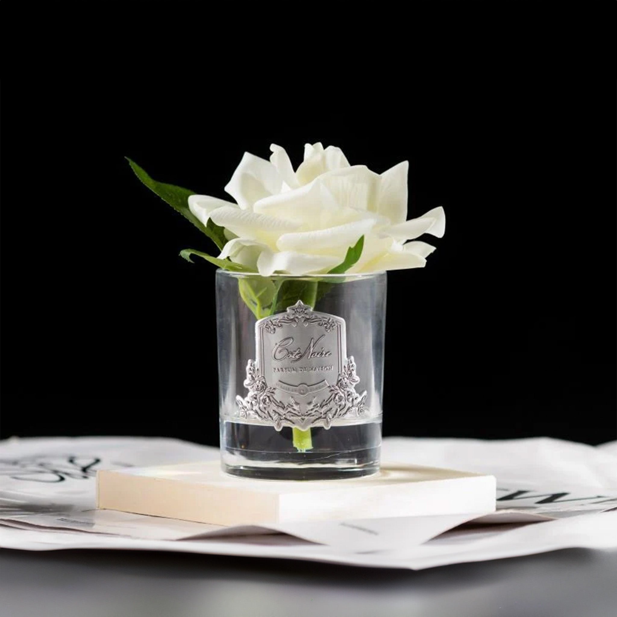 a white rose in a glass vase aby cote noire on a table