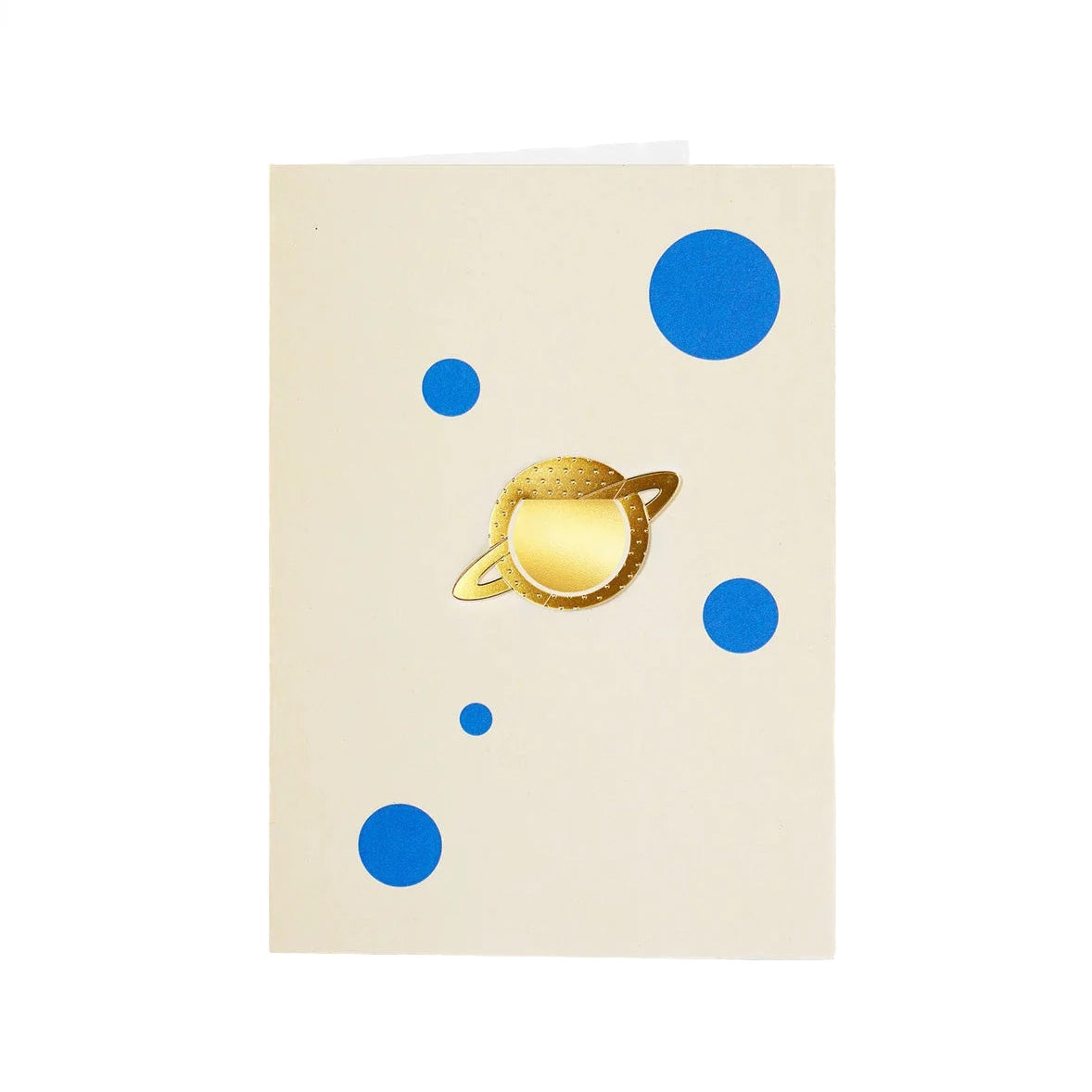 Greeting card with a gold metallic planet and blue polka dots design