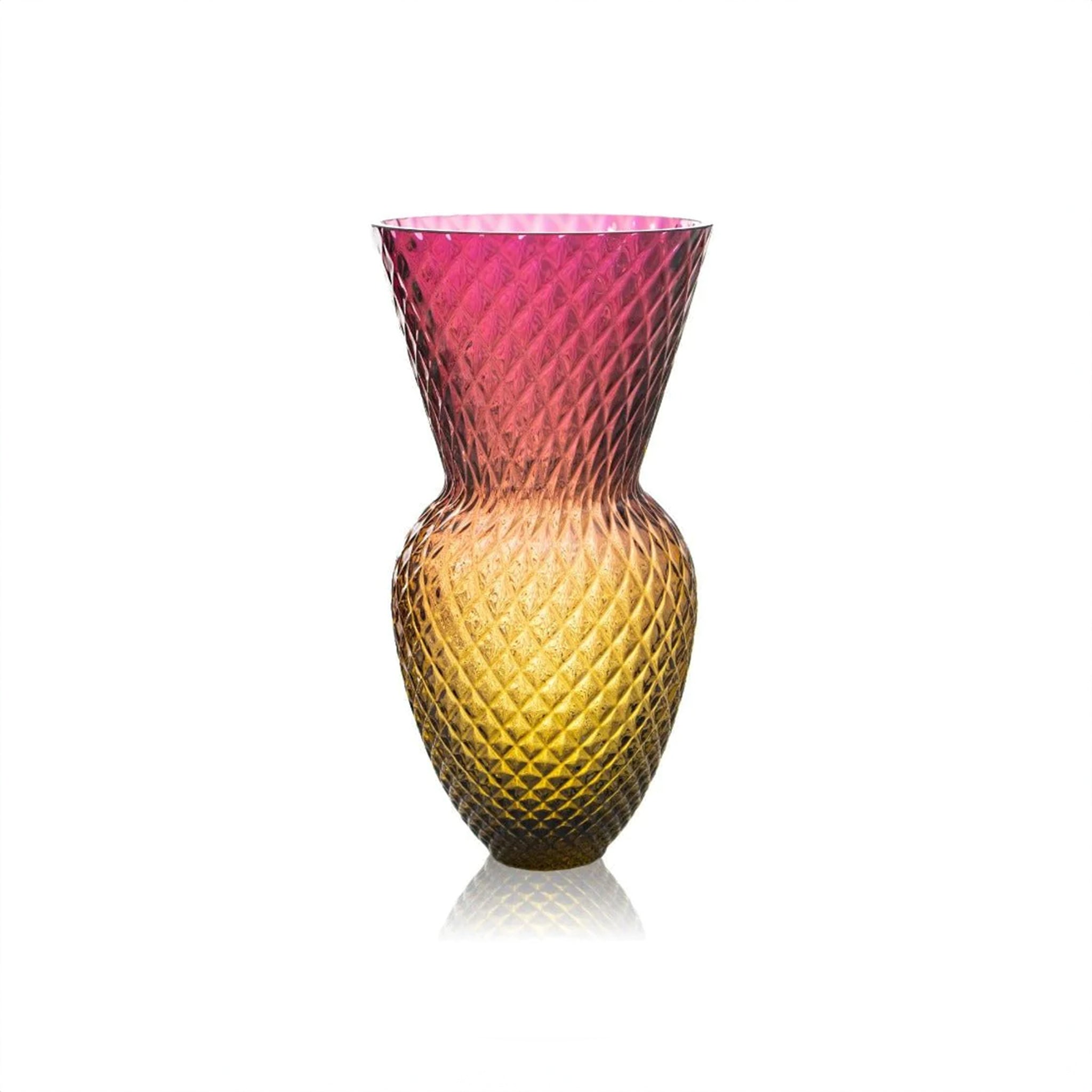 A close-up of a textured vase with a narrow neck, flaring out to a wider body and base. The top half is in a gradient of pink to red, while the bottom half transitions from gold to dark yellow.