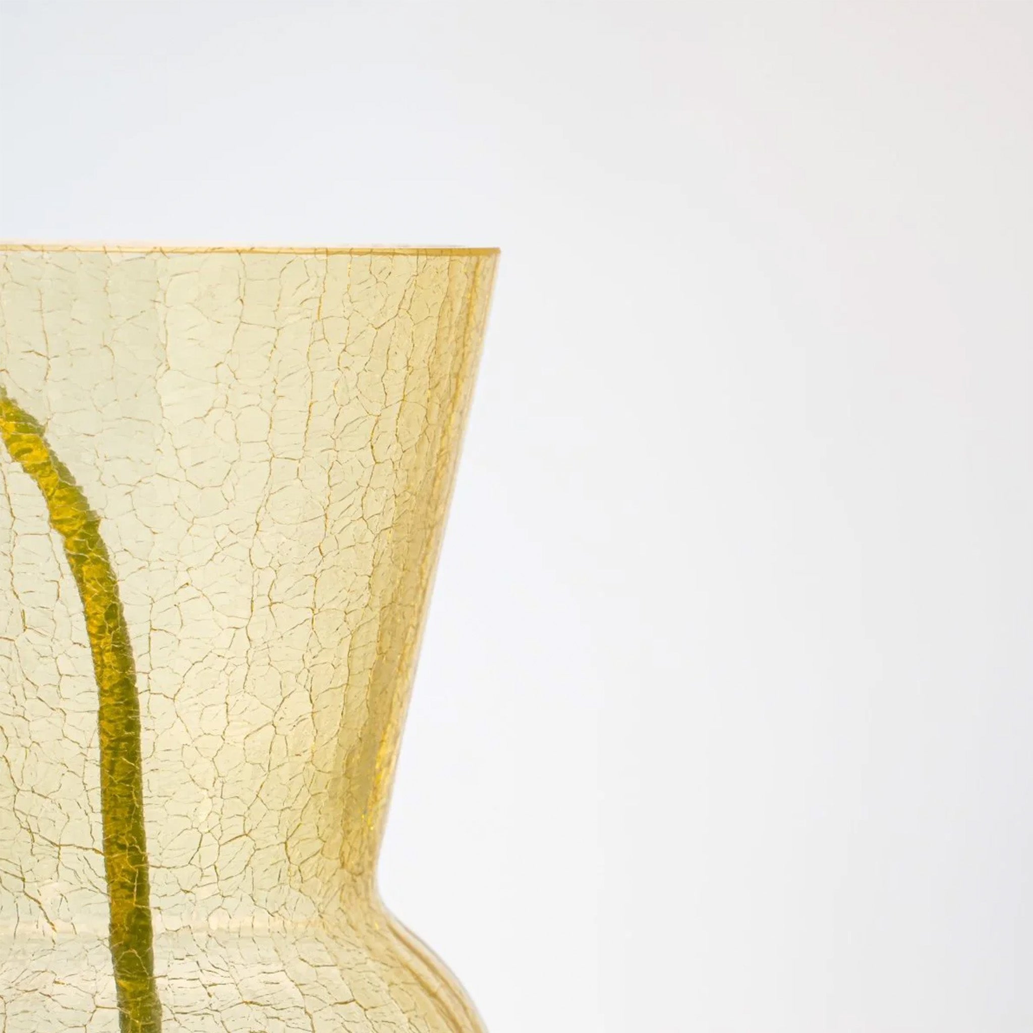 a yellow vase with a green stem on a white background