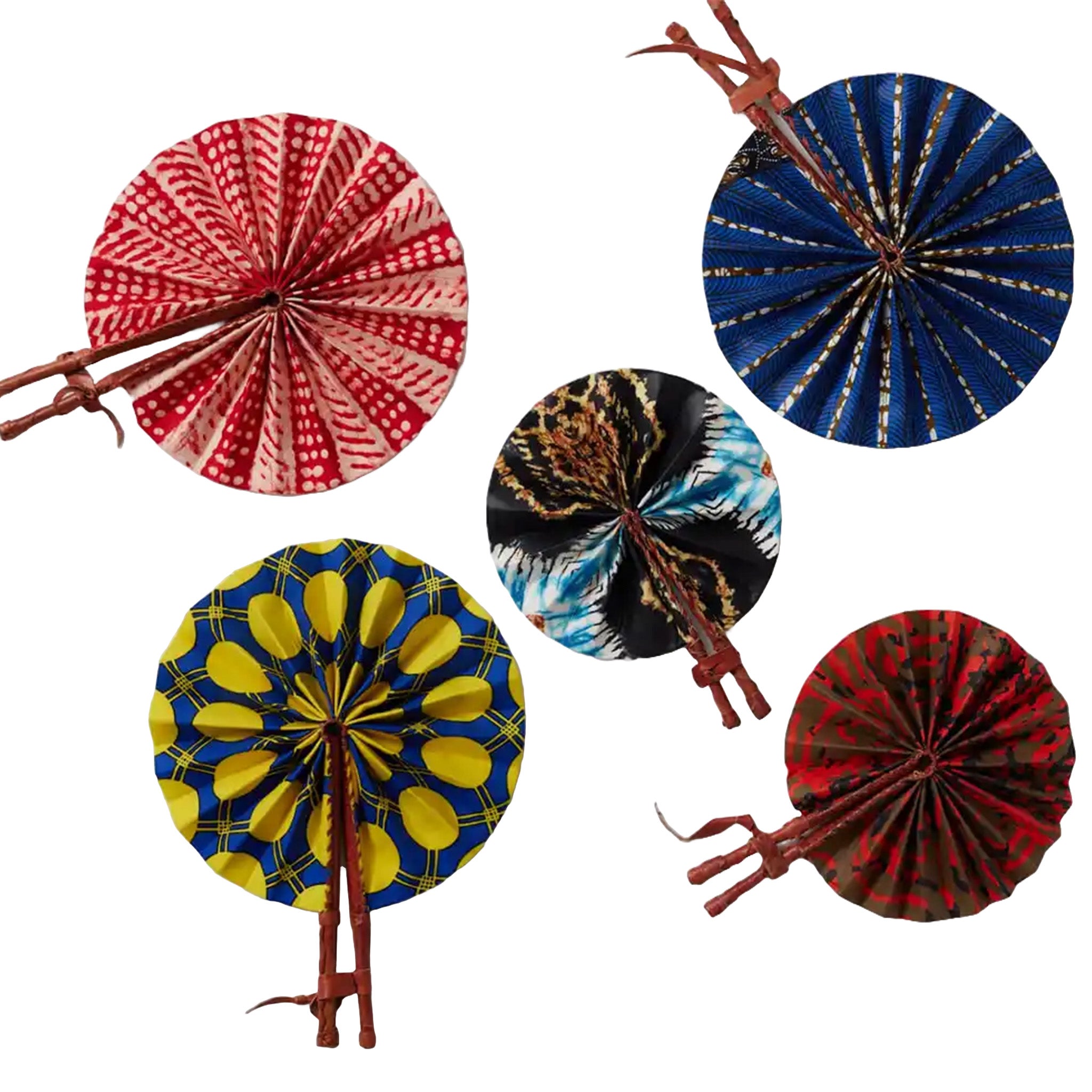 A collage of five African mini fans, each with a unique design, displayed against a white background. The fans are open, showcasing vibrant patterns: one with red and white geometric shapes, another with blue and gold stripes, a third with black and multi-colored abstract design, a fourth with bold yellow pods on blue, and the last with red and black animal print. All have wooden handles with leather thongs for hanging.