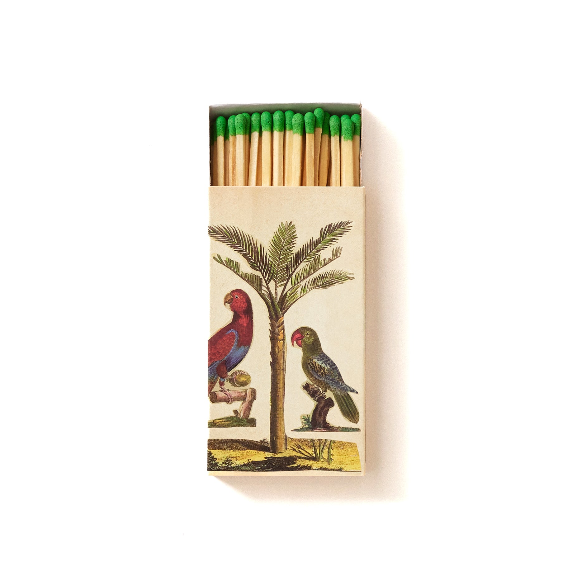 Box of Warm Wishes Designer Matches with a tropical parrot motif