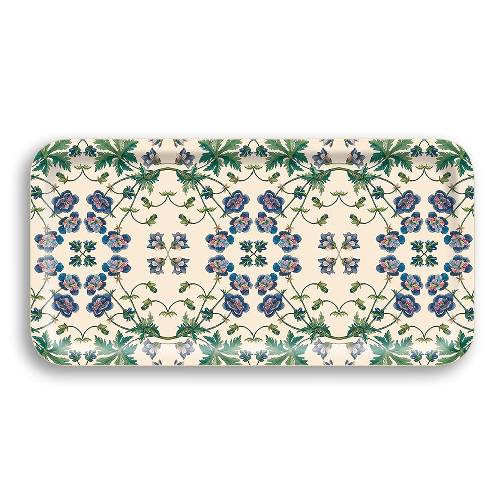 a rectangular tray with rounded corners. The tray has a floral pattern consisting of a series of interconnected vines and flowers. The primary colors are shades of blue, green, and a touch of violet, all set against a pale, cream-colored background. The flowers depicted are stylized rather than photorealistic, and the pattern repeats across the surface