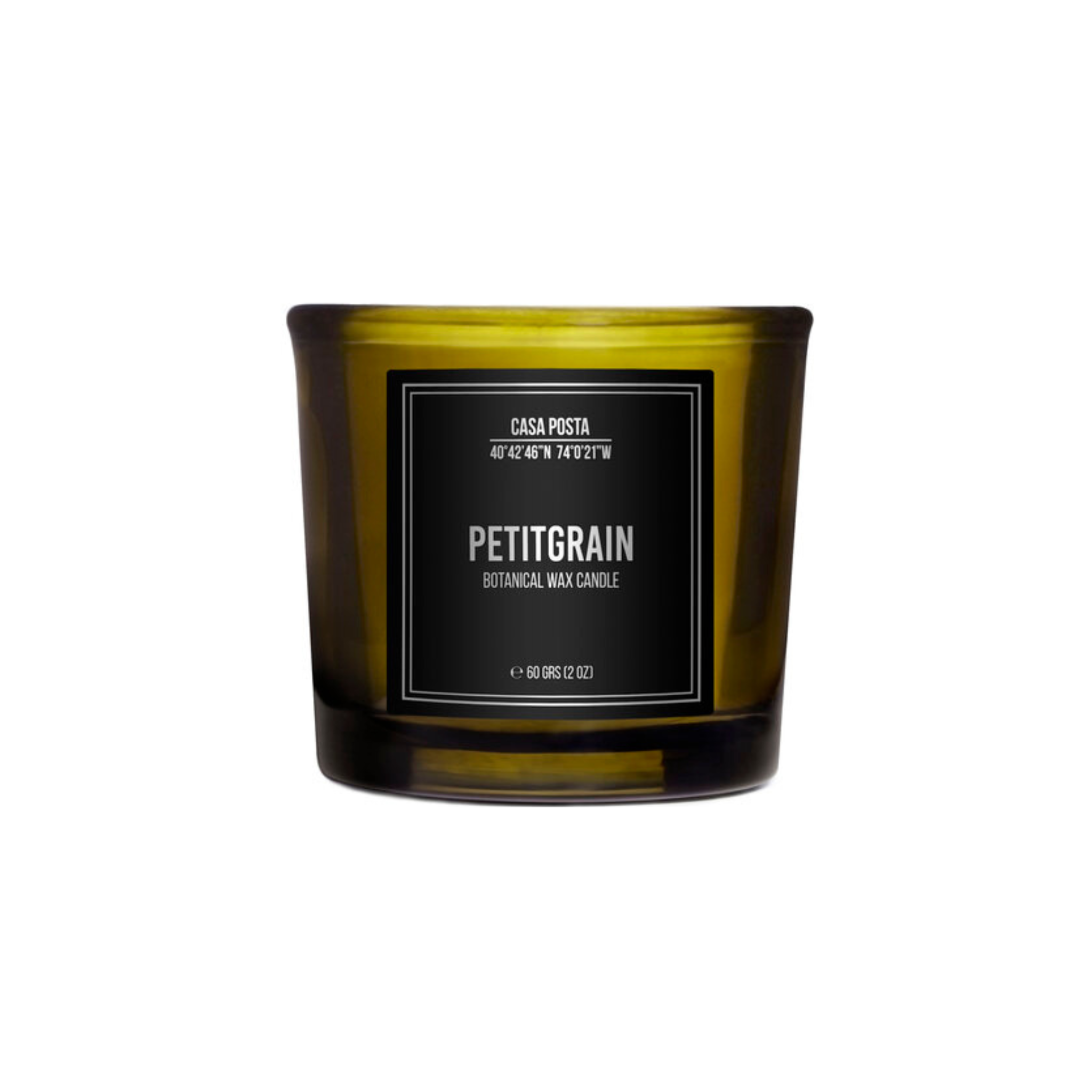 Casa Posta Petitgrain scented votive candle in a black glass container