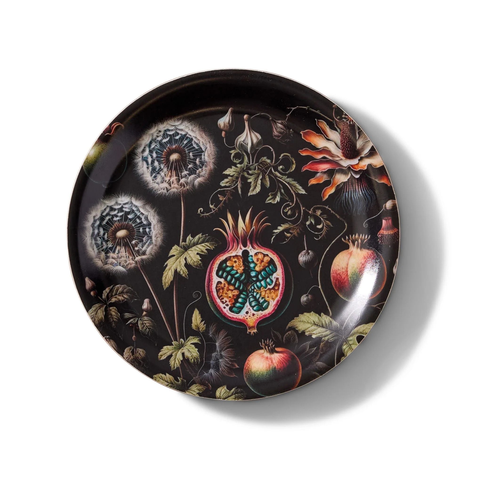 Decorative plate with floral and botanical design on a white background