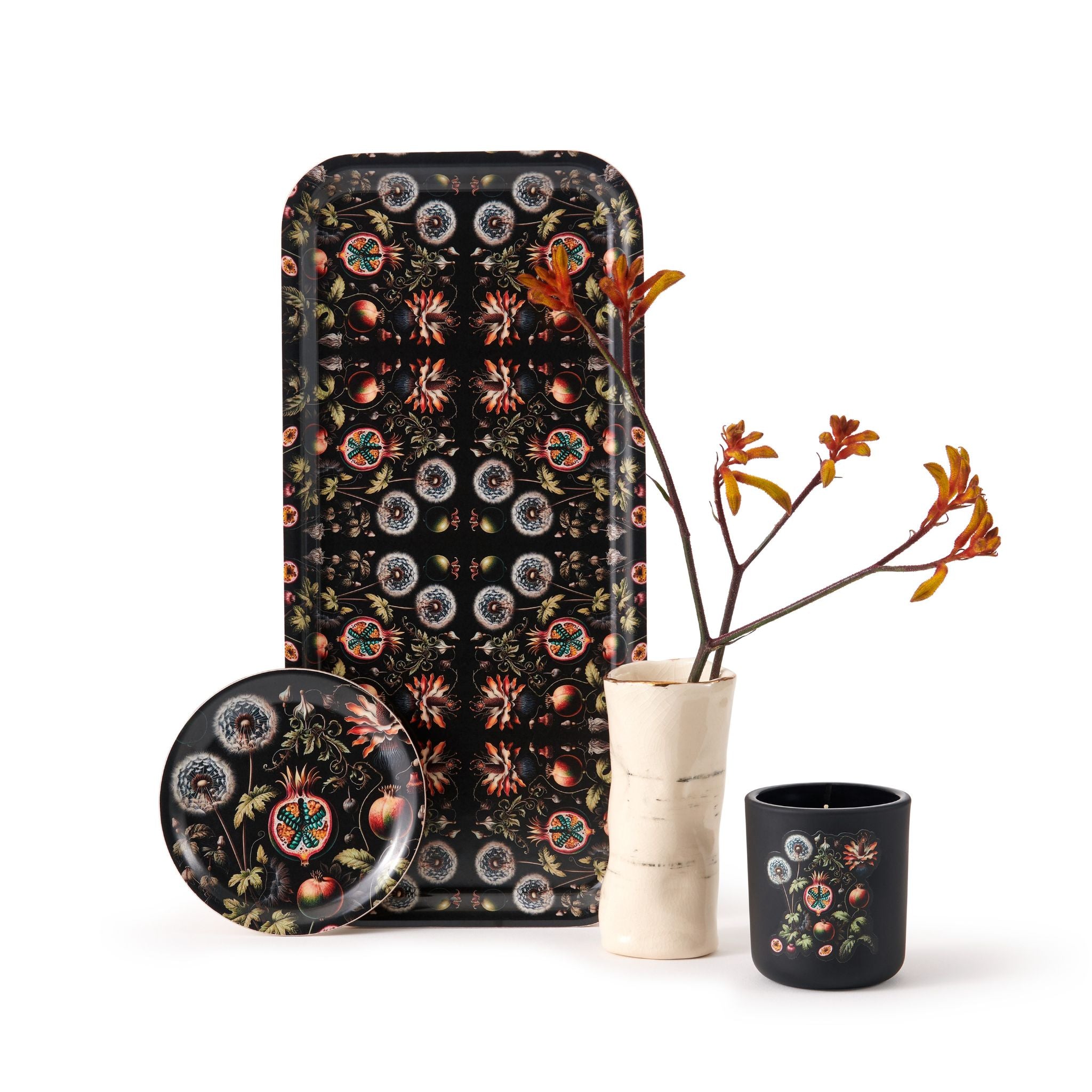 Decorative items with floral pattern on a white background