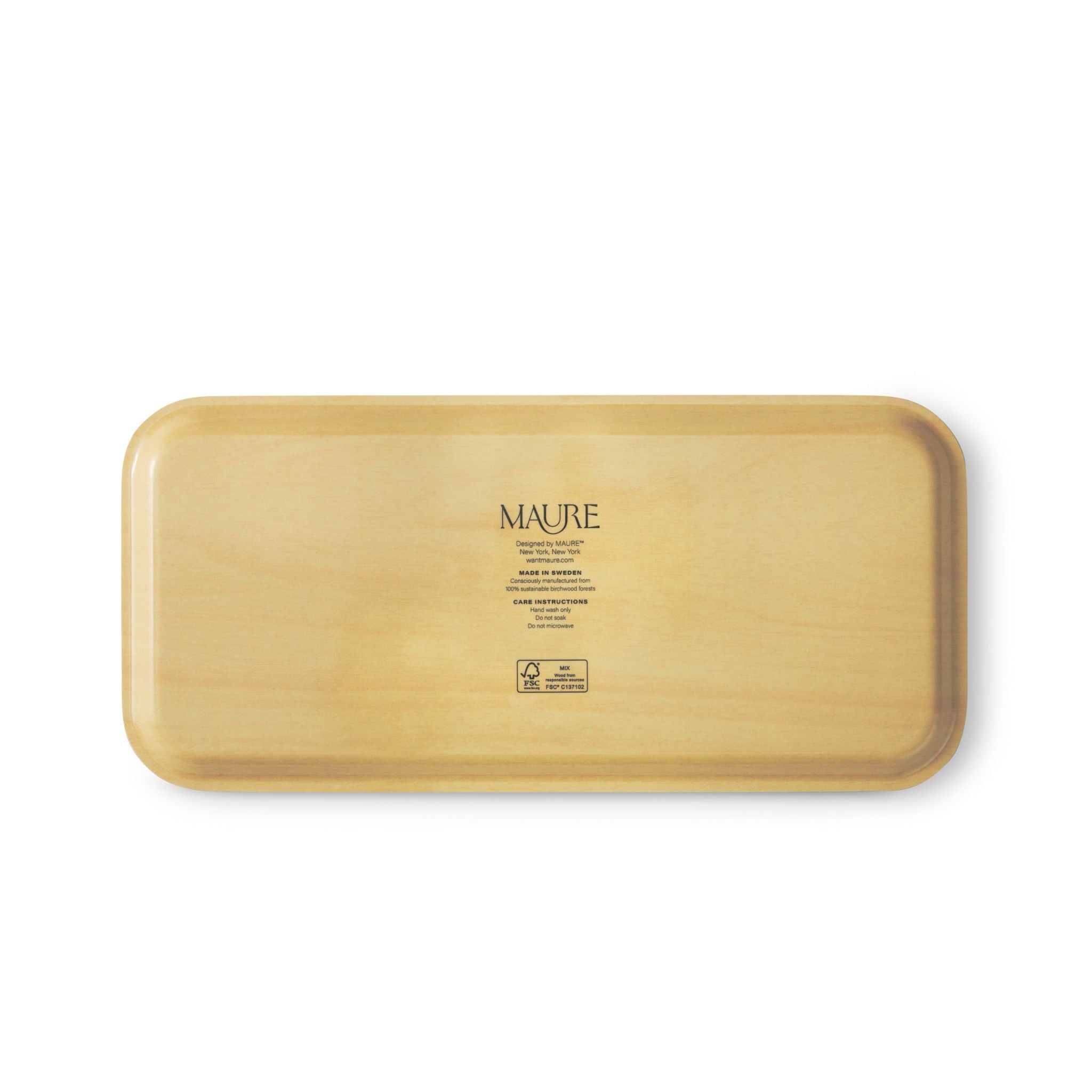 Wooden tray with 'MAURE' branding on a white background
