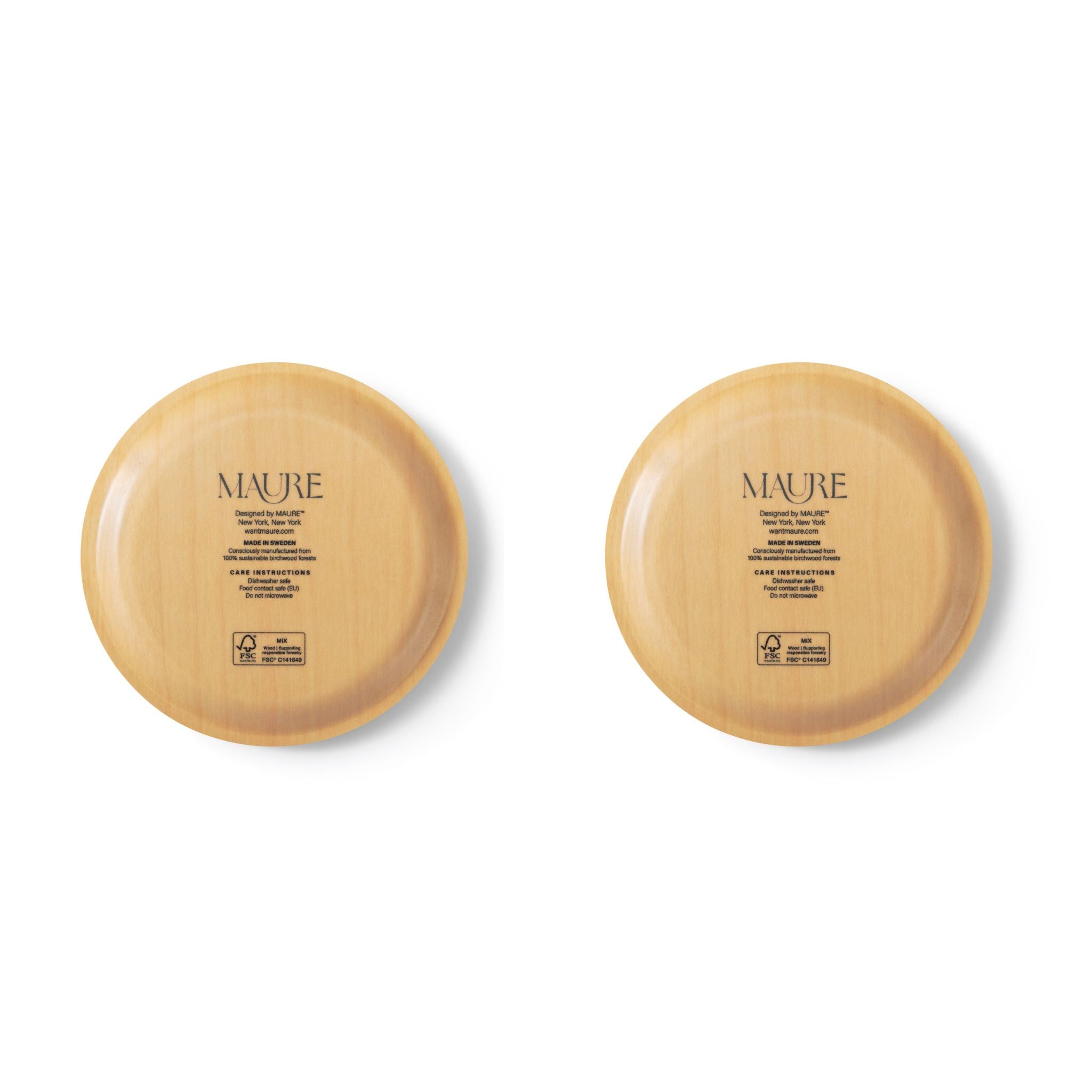 Two wooden discs with 'MAURE' branding on a white background