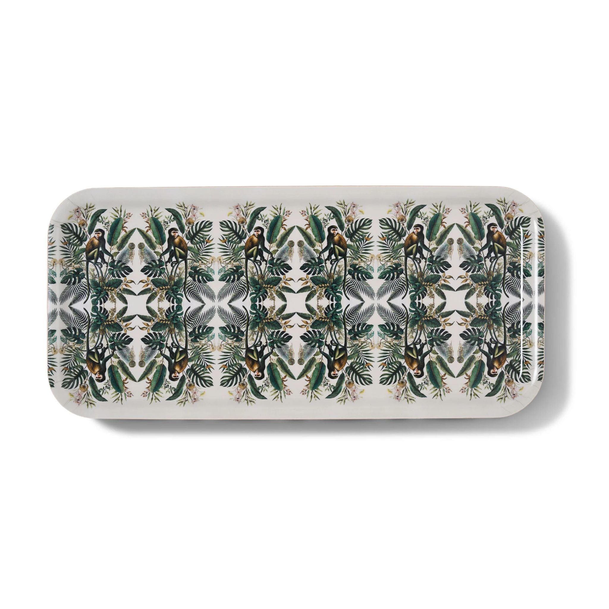 Decorative tray with a jungle-themed pattern featuring monkeys and foliage on a white background.
