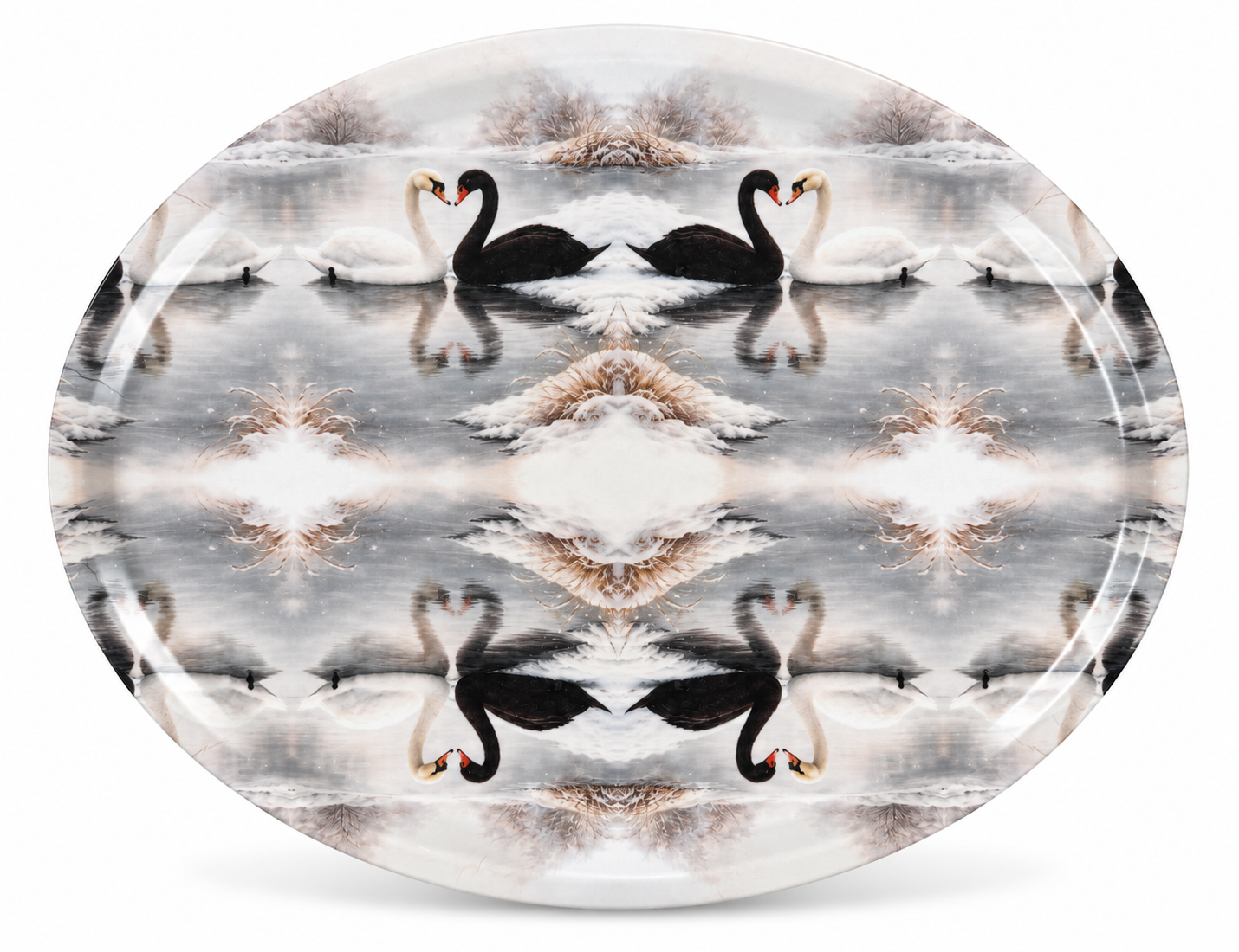 Swan Duet Birchwood Decorative Tray - Oval