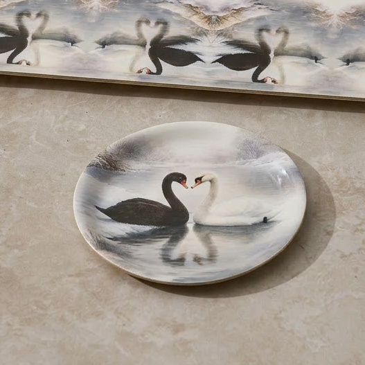 Swan Duet Decorative Birchwood Tray - Mini Round - Set of 2