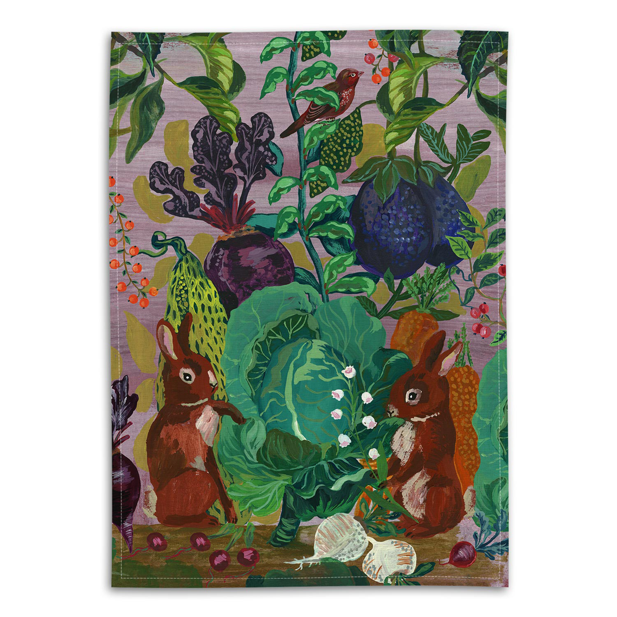 a linen tea towel features a charming illustration of two curious rabbits amidst a vibrant display of colorful foliage