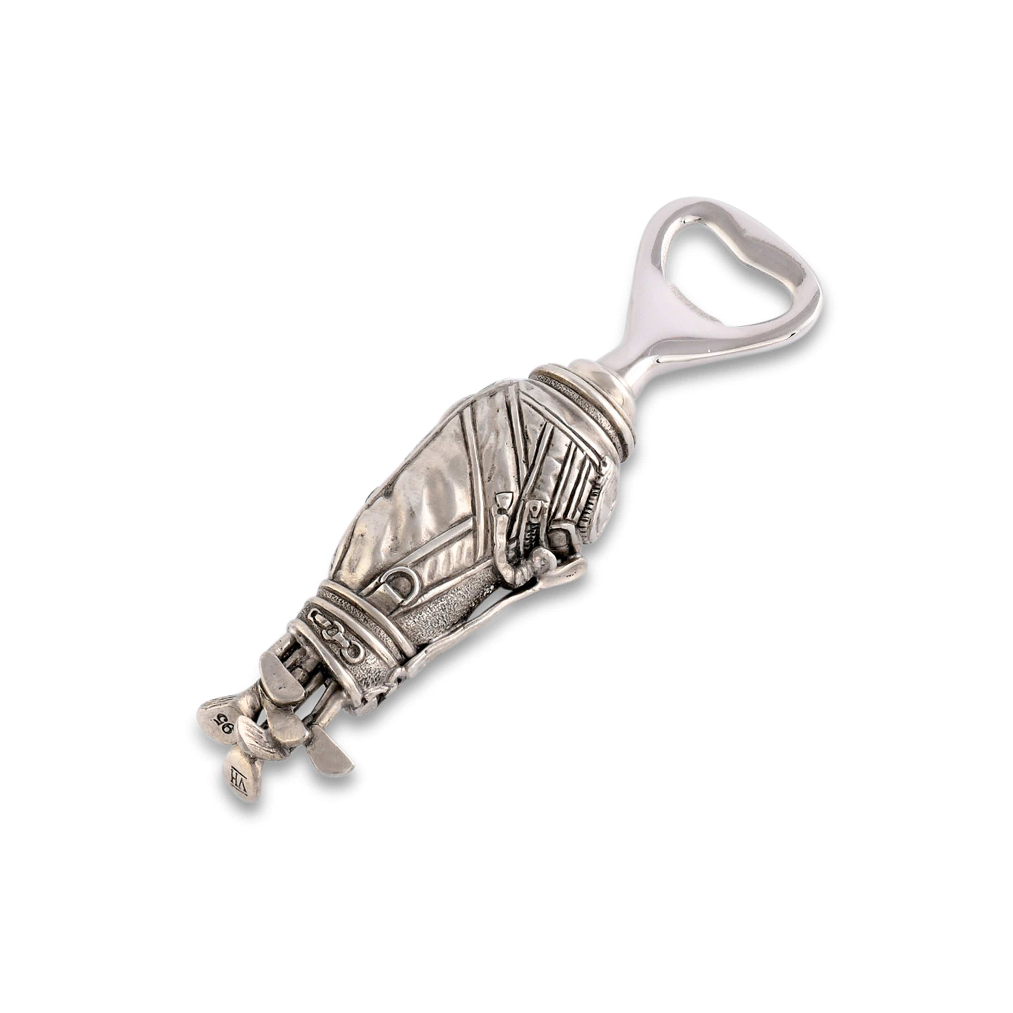 a pewter golf bag bottle opener with a metal handle