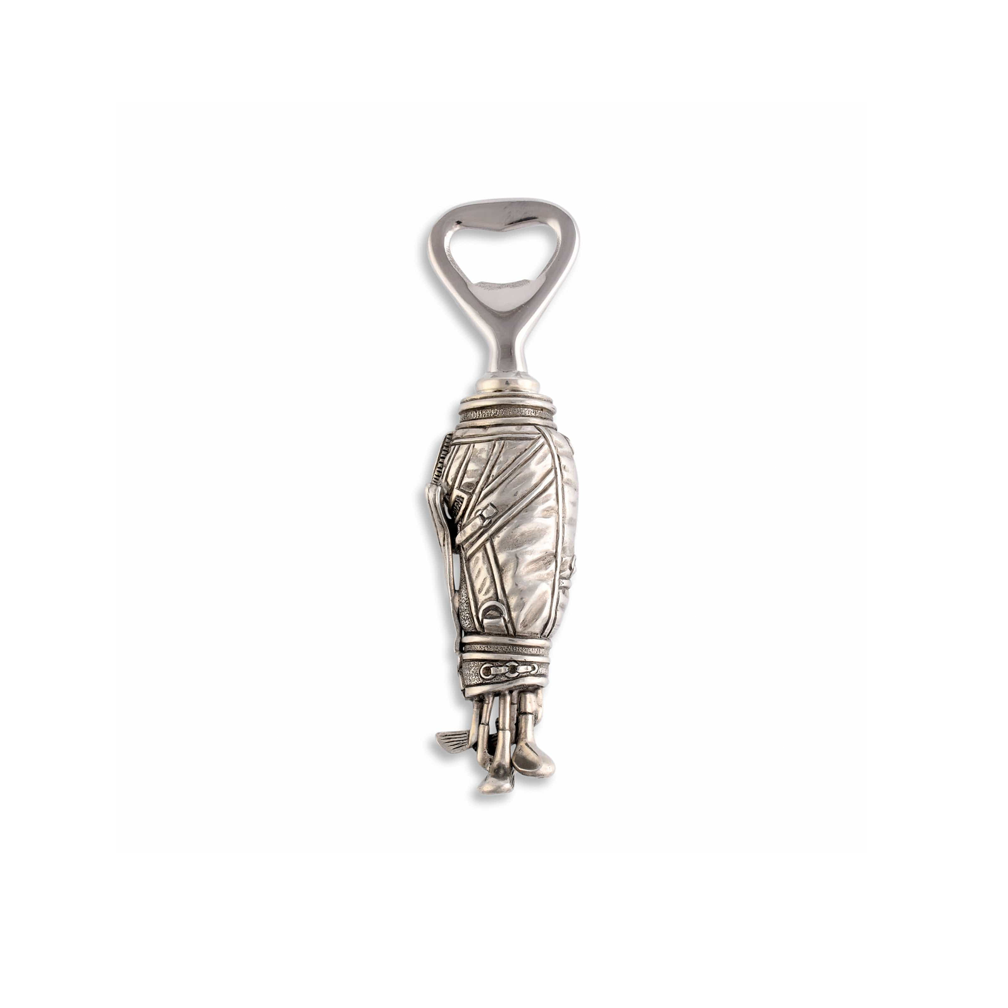 a pewter golf bag bottle opener with a handle on a white background