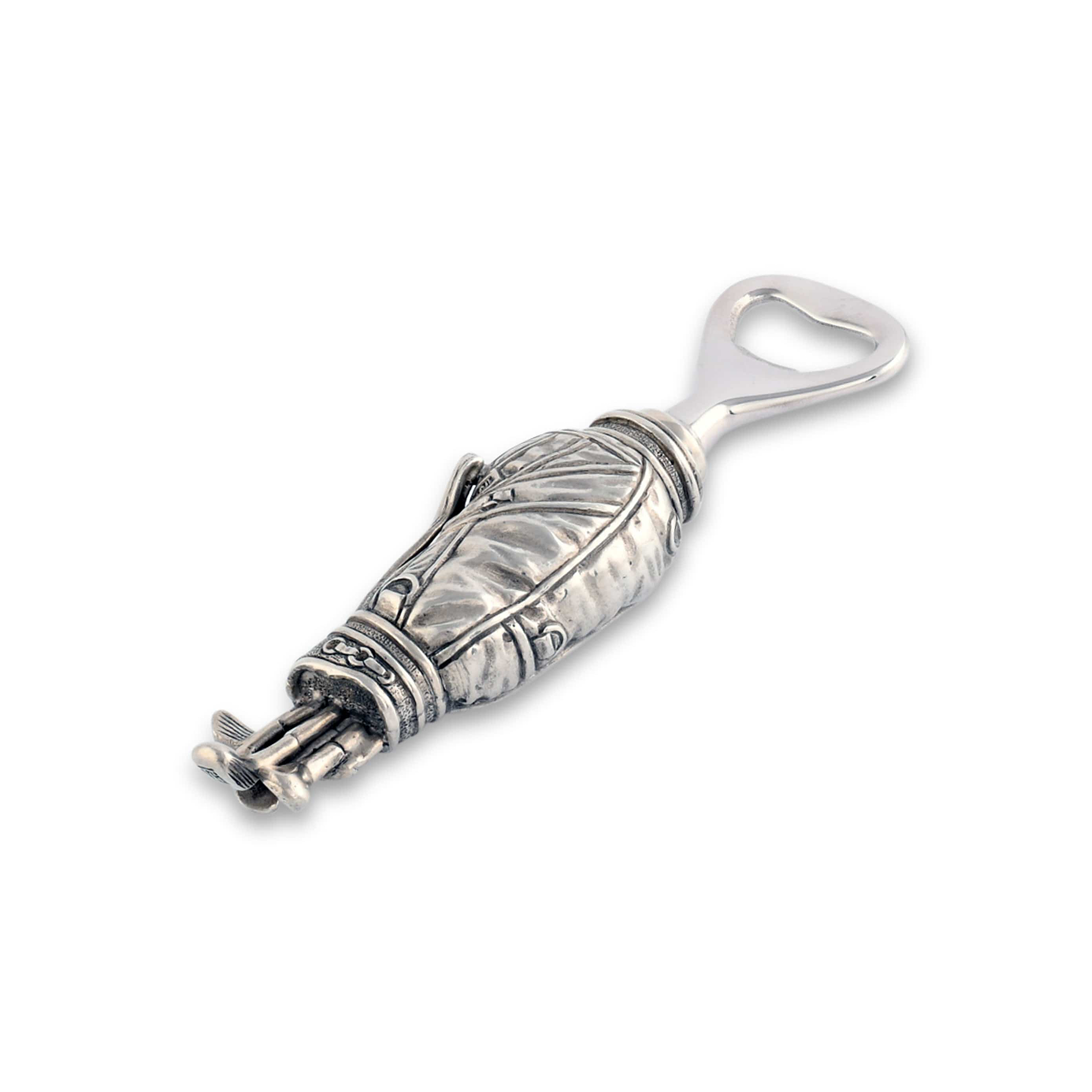 a pewter golf bag bottle opener with a metal handle on a white background
