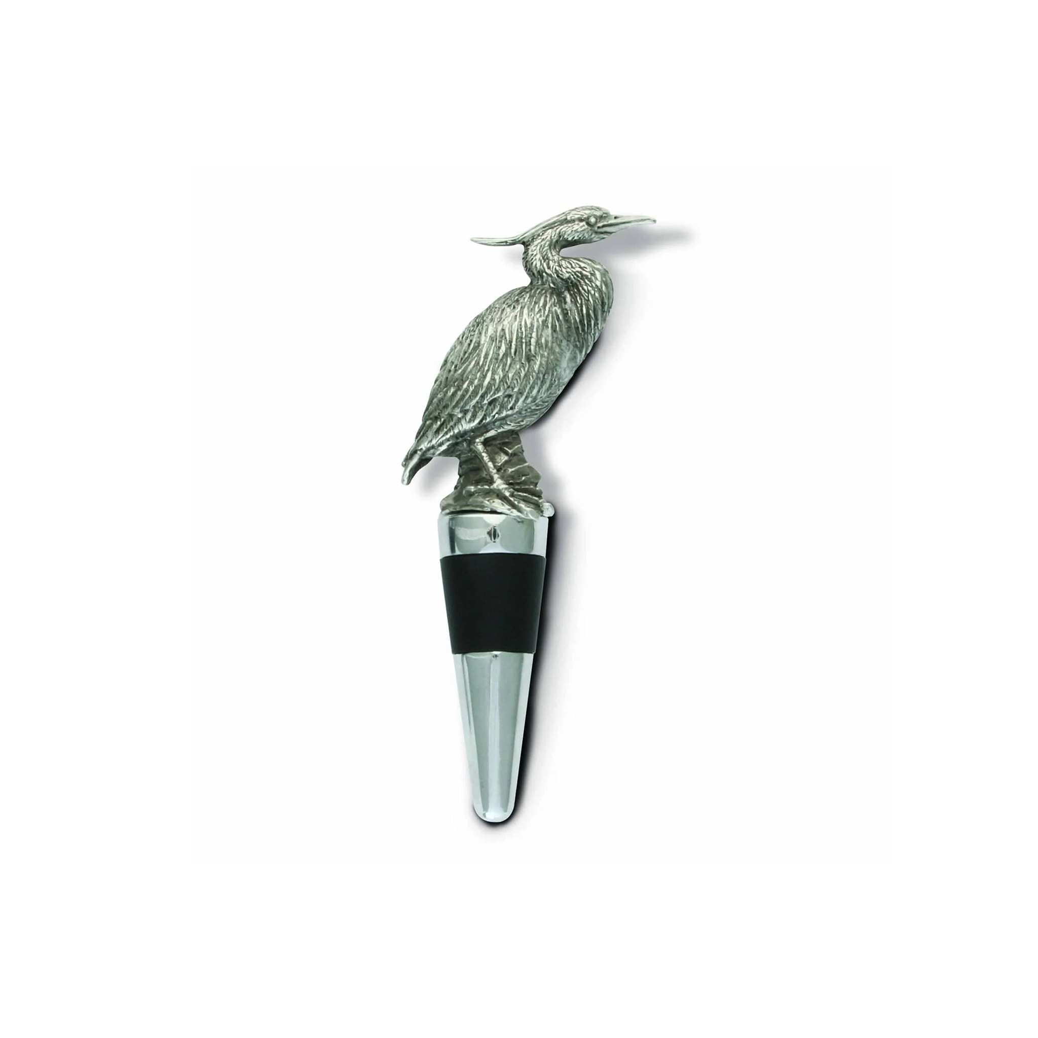 a wine bottle stopper topped with a detailed pewter figurine of a blue heron. The heron's feathers are finely textured, and its neck is gracefully elongated. The stopper itself has a conical shape with a black rubber seal, highlighting an elegant design.