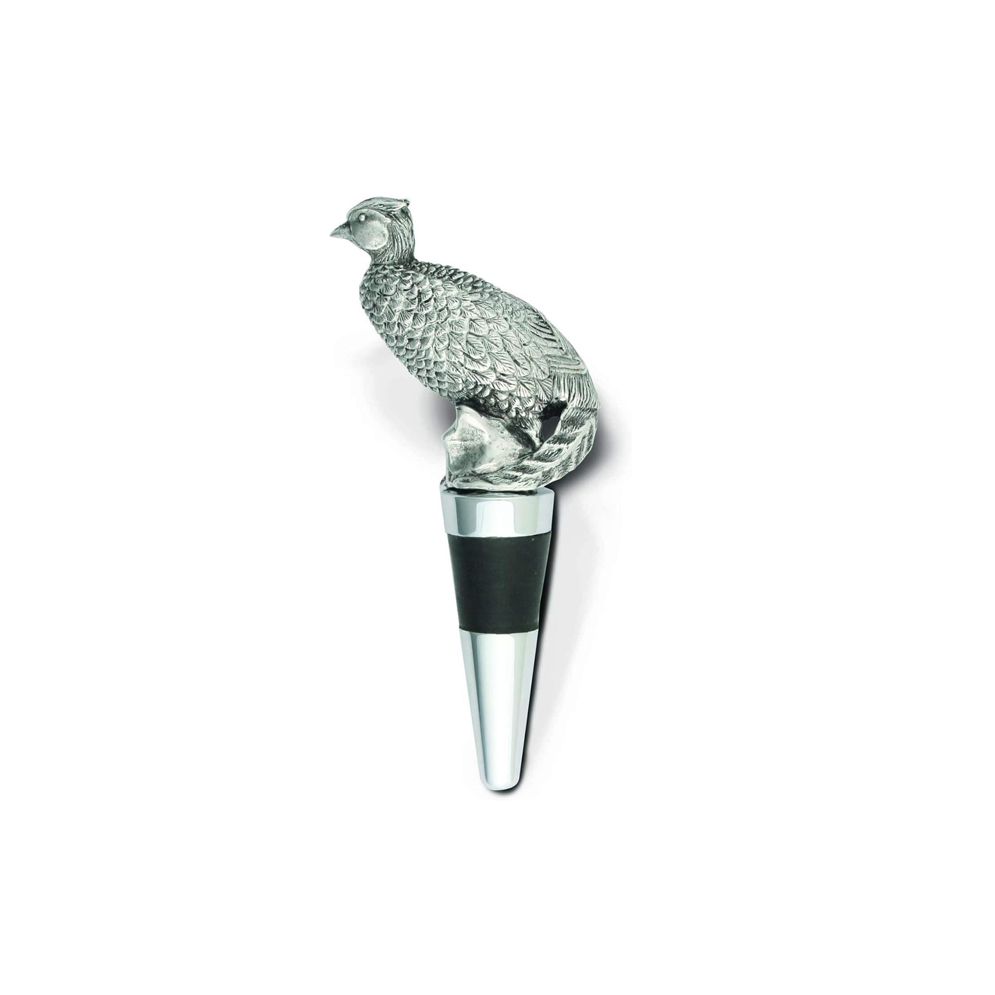 a wine bottle stopper with a detailed silver pheasant figurine atop it. The pheasant is intricately textured to show feathers, and it sits on a tapering stopper with black rubber gasket and silver band, suggesting a sleek and elegant design